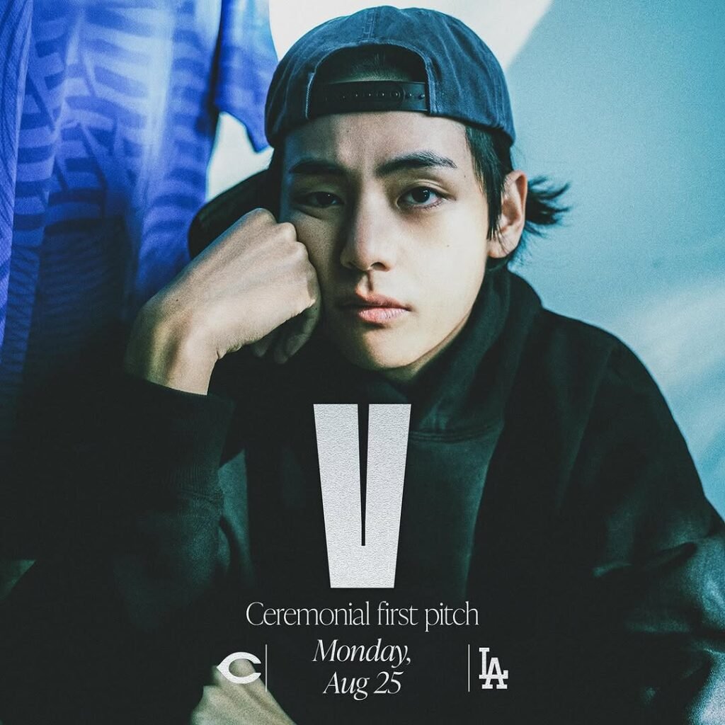 BTS V ceremonial first pitch announcement graphic for the Dodgers game on Monday, Aug 25, 2025