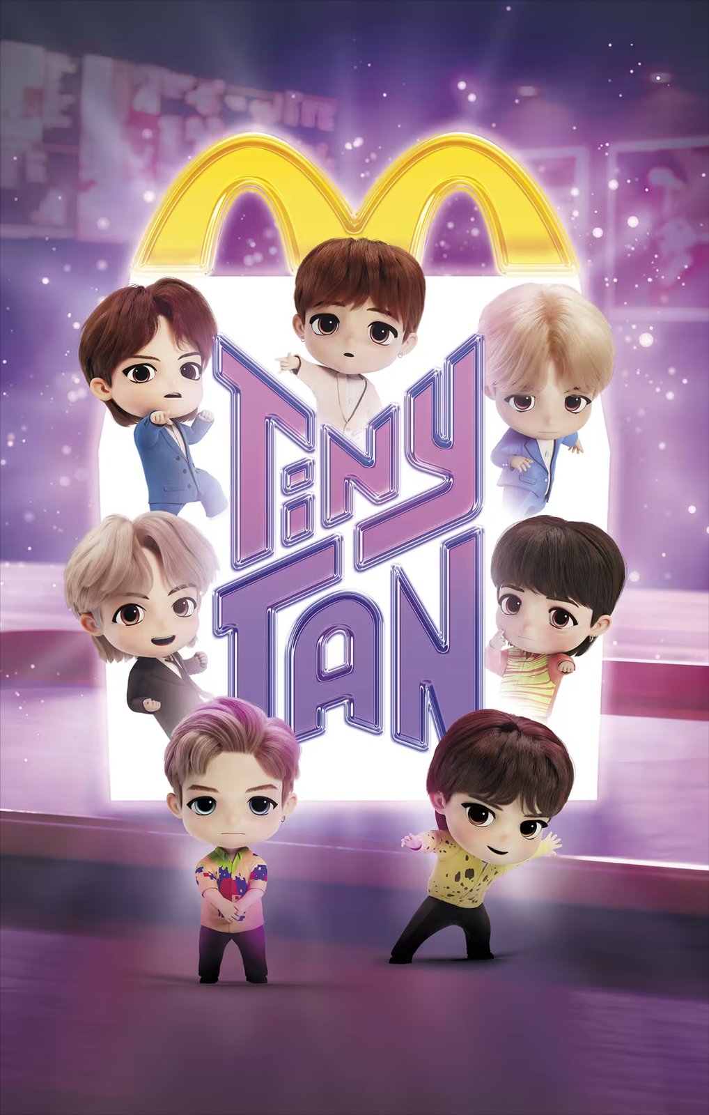 TinyTAN Happy Meal box showing the seven BTS members as cartoon characters