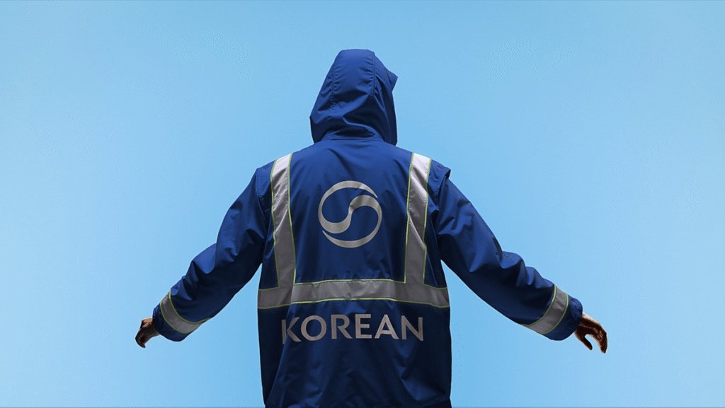 새 로고가 새겨진 파란색 대한항공 우비를 입은 사람