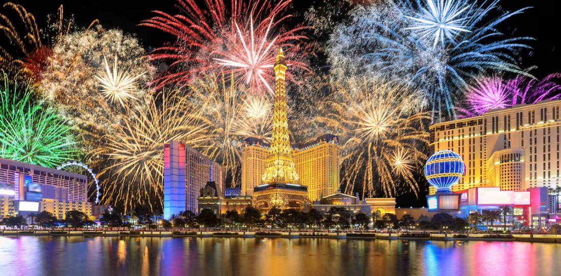 Fireworks over the Las Vegas Strip behind the Eiffel Tower replica at Paris Las Vegas