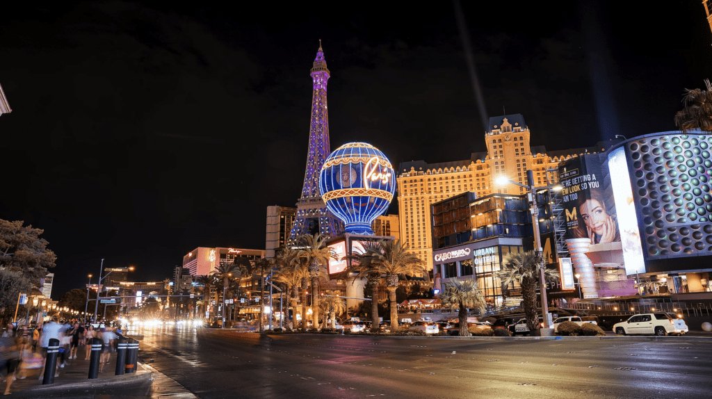 The Las Vegas Strip at night with the Paris Las Vegas Eiffel Tower and Planet Hollywood