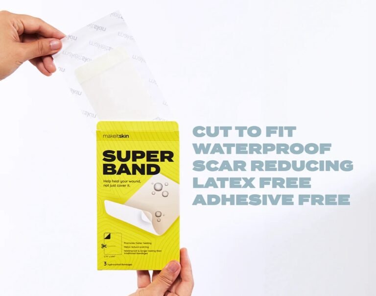 SUPERBAND package with a hydrocolloid bandage being peeled off, labeled cut to fit, waterproof, scar reducing