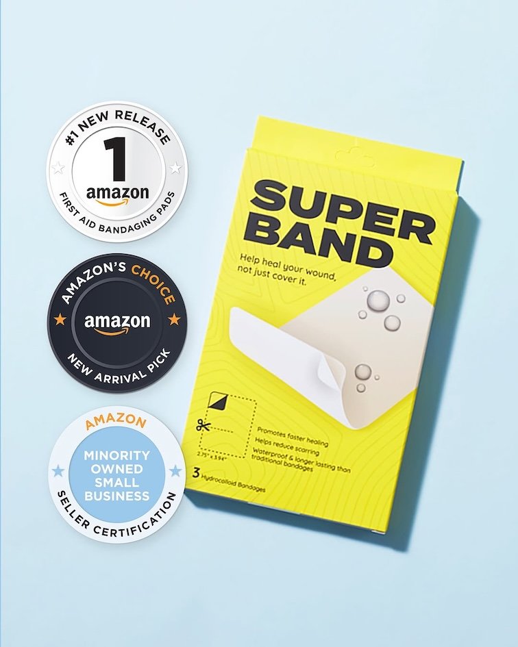 SUPERBAND box with Amazon badges: #1 New Release, Amazon's Choice, Minority Owned Small Business