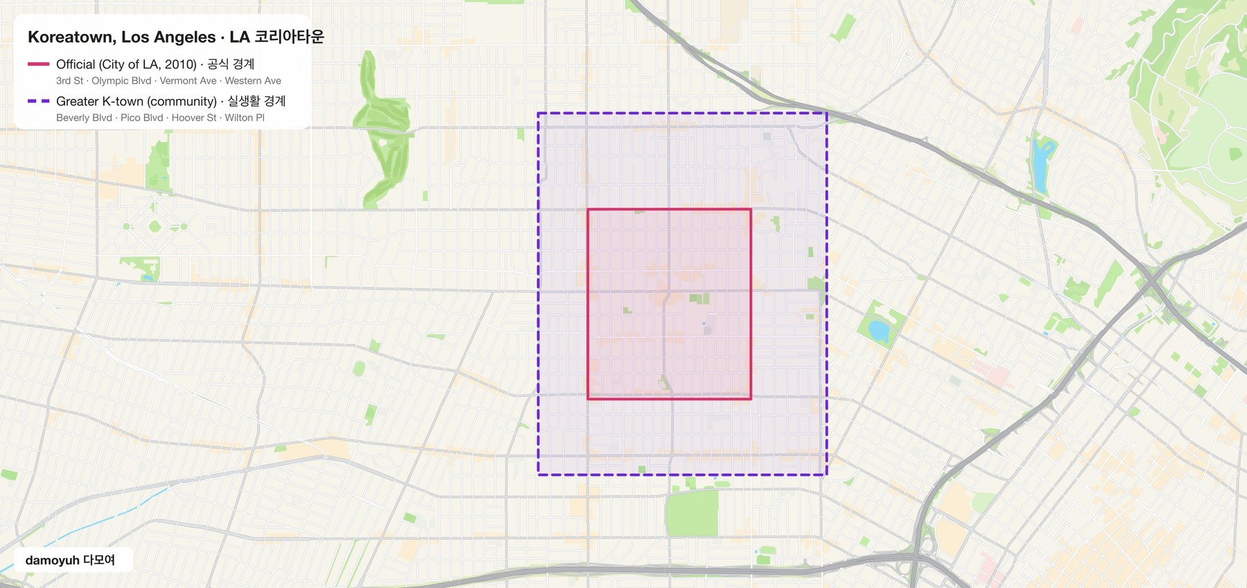 Map of Koreatown, Los Angeles showing the official 2010 city boundary and the greater community boundary