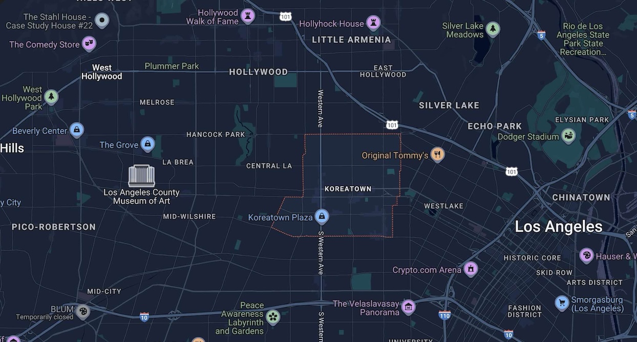 Map of Los Angeles with the Koreatown area outlined in red